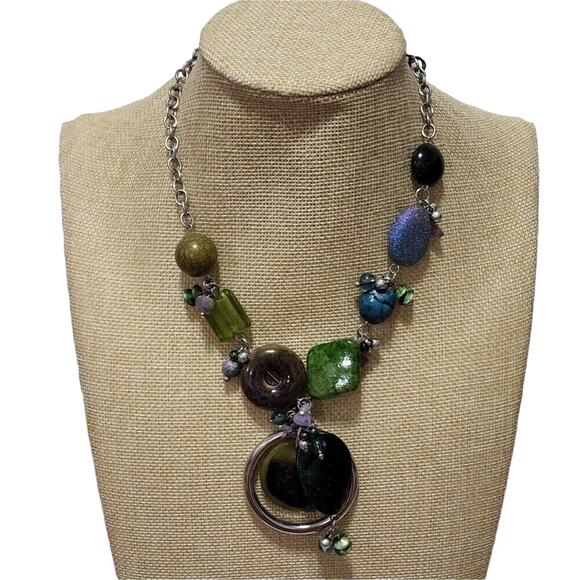 Treska Jewelry - Treska Boho Chunky Mixed Bead Statement Necklace Green Blue Purple Silver NWT